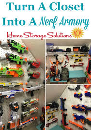Used various hooks, wood screws, and nails to mount the guns. Nerf Storage Organization Ideas For Blasters Accessories
