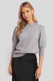 Cool short sleeve round neck knitted sweater for women. Short Puff Sleeve Knitted Sweater Grey Na Kd Com