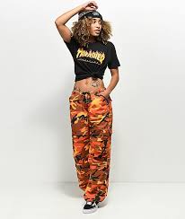 Black And Orange Cargo Pants Thrasher Flame Logo Black Boyfriend Fit T Shirt Zumiez In 2020 Streetwear Fashion Women Army Pants Outfit Camo Outfits