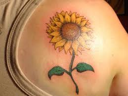 Sunflower With Leaves Tattoo For Back Shoulder Trendy Tattoos Sunflower Tattoos Sunflower Tattoo Thigh