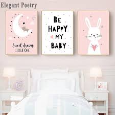 Baby Nursery Wall Art Canvas Poster Print Cartoon Rabbit Moon Painting Nordic Kids Decoration Picture Children Bedroom Decor Art Wall Kids Kids Bedroom Decor Baby Nursery Wall Art