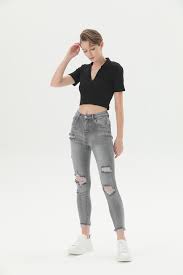 China Skinny Mid Rise Coal Black Jeans Destroyed High Elasticity Women Jeans Damage Unregular Hem Denim Jeans China Denim Jeans And Jeans Price