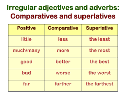 Of the following the positive forms are rare, except when used as nouns (generally in the . Short Adjectives Comparatives And Superlatives Online Presentation