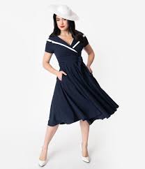 Vintage 50s Dresses Best 1950s Dress Styles Vintage Diva 1940s Navy White Short Sleeve Greta Swing Dress 13 Vintage Dresses 50s Swing Dress White Swing Dress