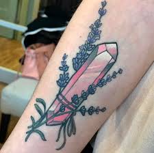 Rose Quartz Crystal And Lavender Tattoo By Lindsay Bee Lavender Tattoo Crystal Tattoo Body Art Tattoos