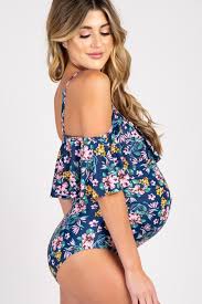 Commandez en ligne les maillots de bain à petits prix pour les filles de 2 à 16 ans sur gémo.fr. Maillot De Bain Grossesse 1 Piece A Volants Fleurs Bleues Modebuy Com