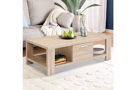 Natural large rectangle wood coffee table with metal base. Artiss Coffee Table Storage Drawer Natural Matt Blatt