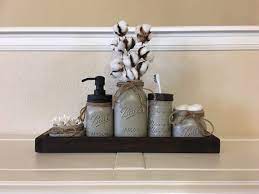 Rustic bathroom accessories like candles, ornate vases and old perfume bottles would all add to the look. Rustic Bathroom Decor Mason Jar Bathroom Set Bronze Oil Etsy