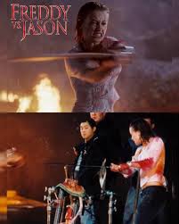 Welcome to my world, bitch!” BTS photos of @mokeenz (Lori) giving Freddy  Krueger the Pamela Voorhees treatment during the final climax of Freddy vs.  Jason (2003) x x x #fridaythe13th #jasonvoorhees #campcrystallake #