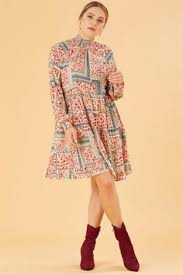 Firfirli Dik Yaka Kirmizi Desenli Mini Elbise Fashion Dresses Shirt Dress