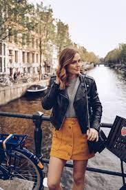 Amsterdam Canals Mustard Skirt And Black Leather Jacket Streetstyle Mustard Skirt Outfit Mustard Skirt Yellow Mini Skirt