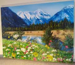 Mountains Landscape Meadow Flowers Alps Trees Painting By Svitlana Kalaidzhi Artmajeur
