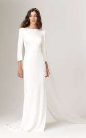 Gwendolyn Crepe Gown With Fitted Bracelet Sleeves And Open Back By Savannah Miller Moda Operandi Plain Wedding Dress Wedding Dress Trends Classic Wedding Dress