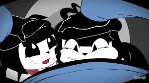 derpixon, bonbon (derpixon), chuchu (derpixon), mime and dash, watching,  animated, animated gif, highres, 1boy, 2girls, ahoge, beret, black eyes,  black hair, blunt bangs, blush, cheek bulge, closed eyes, cum, cum in mouth,