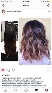 Before And After Transformation On D Lushus With A Dusty Rose Gold Balayage By Allison At Rockin Lo Rose Gold Hair Brunette Rose Gold Balayage Dusty Rose Hair