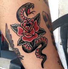 Rose Flower With Snake Small Mens Traditional Tattoo On Arm Traditional Snake Tattoo Small Traditional Tattoo Traditional Tattoo