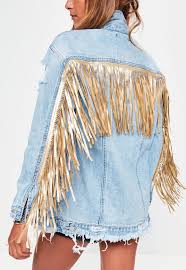 Black And Blue Split Denim Jacket Missguided Blue Ripped Gold Fringe Denim Jacket Diy Denim Jacket Diy Fashion Clothing Denim Diy