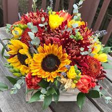 Flower Gift In A Box With Sunflowers Mums Tulips Freesia And Eucalyptus Fresh Flowers Arrangements Flower Arrangements Thanksgiving Floral