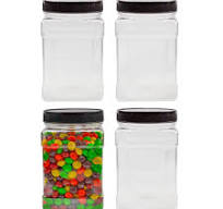 Cornucopia Brands 32oz Square Plastic Jars (4-Pack, Quart); Clear  Rectangular 4-Cup Canisters w/Black Lids, Easy-Grip Side