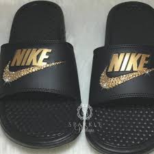 Black And Gold Nike Slides Nike Slides Custom With Gold Crystals Bedazzled Glitter Nike Etsy Glitter Nike Shoes Nike Outfits Womens Sandals
