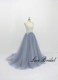 Ivory Lace Wedding Dress Floral Wedding Dress With Spaghetti Straps 3 D Lace Bridal Gown With Dusty Blue Skirt Summer Wedding Dress Ivory Lace Wedding Dress Wedding Dresses Lace Summer Wedding Dress