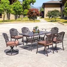 Domi Outdoor Living Rainier Cast Aluminum Outdoor Patio Set 7 Piece Powder Coated With 59 X35 Rectangle Dining Table 4 Dining Chairs 2 Swivel Chairs Antique Br Aluminium Outdoor Furniture Aluminum Patio Furniture Outdoor Patio Set