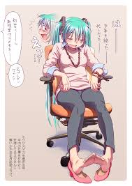 wokada, hatsune miku, vocaloid, highres, 1girl, ^^^, aqua eyes, aqua hair,  barefoot, blush, bracelet, breasts, chair, closed eyes, feet, fingernails,  foot focus, full body, hair ornament, jewelry, long hair, nail polish,  necklace,