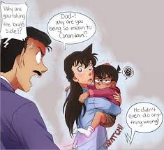 So Cute Ran Protecting Lil Conan From Her Stupid Bully Of A Father Picturing Shinichi In Ran S Arms Glaring At M Conan Detective Conan Anime Funny Moments