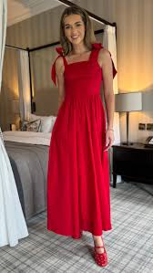 Luellen Red Tie Shoulder Straps Ruched Bust Detail Midaxi Dress - UK 8