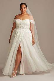 Floral Plus Size Wedding Dress With Swag Sleeves David S Bridal Plus Wedding Dresses Davids Bridal Wedding Dresses Plus Size Wedding Gowns