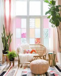 Living Room W Lovely Pastel Colored Glass Windows Lots Of Plants Patterned Rug Home Decor Styling House Window Design Pink Living Room Room Design