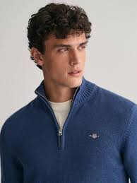 GANT Cotton Half Zip Collar Jumper, Blue Melange