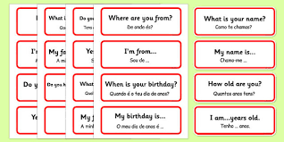 Being stuck inside doesn't have to mean being bored! Basic Phrases Word Cards Portuguese Translation