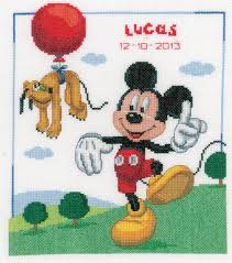 Half cross stitch is used to create subtle shading. Mickey Mouse Birth Sampler Cross Stitch Kit By Disney By Vervaco