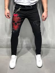 Black And Red Jeans Men Black Jeans Red Skull Print Mensstyle Mensfashion Streetwear Black Ripped Jeans Streetwear Jeans Ripped Jeans