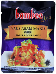 Saus asam manis adalah saus yang berasal dari masakan tionghoa, dibuat dari air, cuka, saus tomat, gula, garam, dan tepung sebagai pengental yang dimasak di atas penggorengan. Bamboe Asia Saus Asam Manis Bumbu Asia Pt Halus Ciptanadi