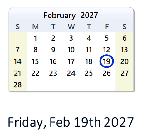 February 19, 2027 Calendar with Holidays & Count Down - USA