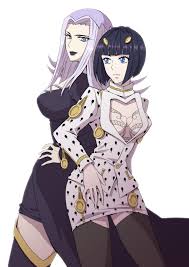 umino mo kuzu, bruno bucciarati, leone abbacchio, jojo no kimyou na bouken,  vento aureo, silver hair, highres, 2girls, back-to-back, black hair, black  lips, blue eyes, bob cut, breasts, cleavage, cleavage cutout, clothing
