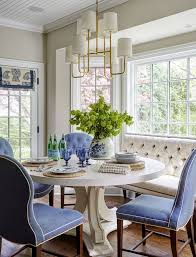 Blue And White Breakfast Table With Upholstered Banquette And Blue Chairs Breakfast Area Design By N Dining Room Blue Dining Room Chairs Upholstered Banquette