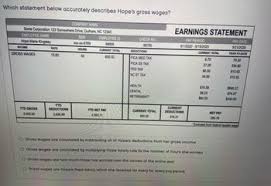 Answered: Which statement below accurately describes Hope's gross wages?  COMPANY NAME Some Corporation 123 Somewhere Drive, Durham, NC 12345  EMPLOYEE ID 98856 CURRENT…