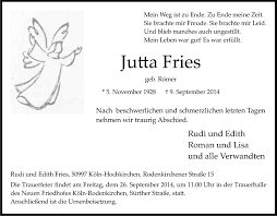 Traueranzeigen von Jutta Fries