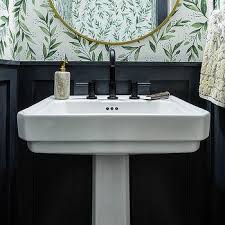 Looking for small bathroom ideas? Pedestal Powder Room Sink Half Wallpapered Powder Room Walls Design Ideas