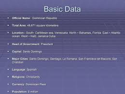 The currency code for dominican pesos is dop. Dominican Republic By Sean James By Sean James Basic Data Official Name Dominican Republic Total Area 48 671 Square Kilometers Location South Ppt Download