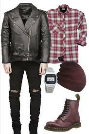 Purple Beanie Hat Wine Red Dr Marten Boots Red Flannel Shirt Black Leather Biker Jacket Torn Black Red Flannel Shirt Black Leather Biker Jacket 90s Outfit