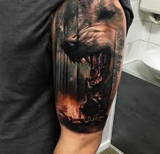 This campground makes up the skull shape of this camping tattoo. Camping Scene With Snarling Wolf