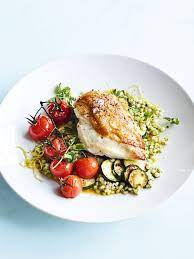 Check spelling or type a new query. Crispy Skinned Lemon Chicken With Pearl Couscous Roasted Tomatoes And Zucch Donna Hay