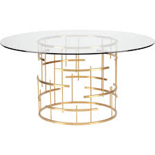 Nuevo Modern Furniture Hgsx216 Tiffany Round 59 Dining Table Clear Glass Brushed Gold Stainless Steel Geometric Base Dining Table Gold Modern Dining Table Glass Top Dining Table