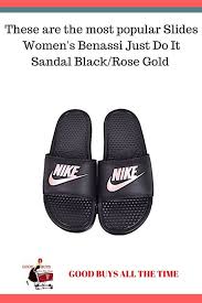 Black And Gold Nike Slides Womens Nike Women S Benassi Just Do It Sandal Slide Black Rose Gold Black Sandals Nike Women Rose Gold Nikes