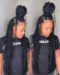 Burgundy and black bohemian field braids with outlined edges. 40 Bohemian Box Braids Protective Hairstyles Ideas Coils And Glory Braids With Curls Braided Hairstyles Box Braids With Curls