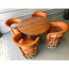 Vintage Mexican Equipale 4 Leather Barrel Chairs Table Patio Cafe Dining Set Chairish Barrel Chair Mexican Furniture Chair